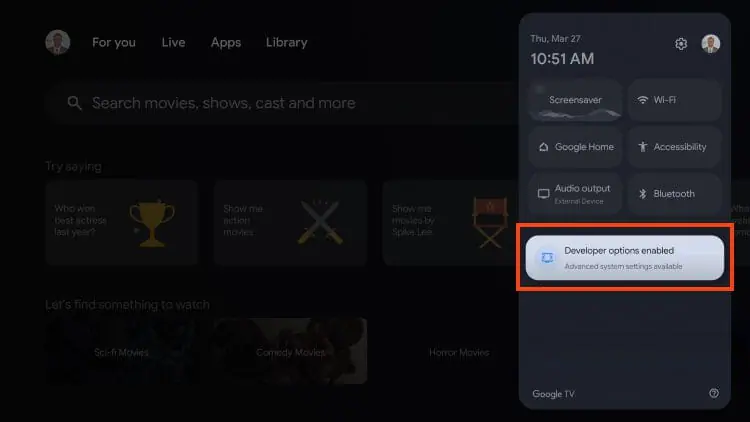 The new Developer Options menu is now visible in Android TV settings.