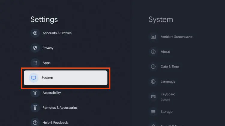 Selecting the System menu in Android TV settings.