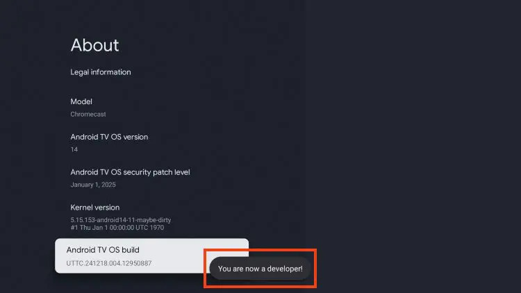 Confirmation message 'You are now a developer!' on Android TV.