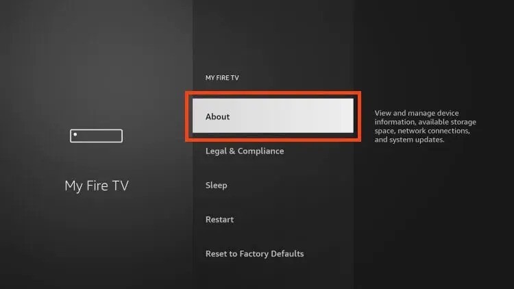 Choosing the About section in My Fire TV menu.
