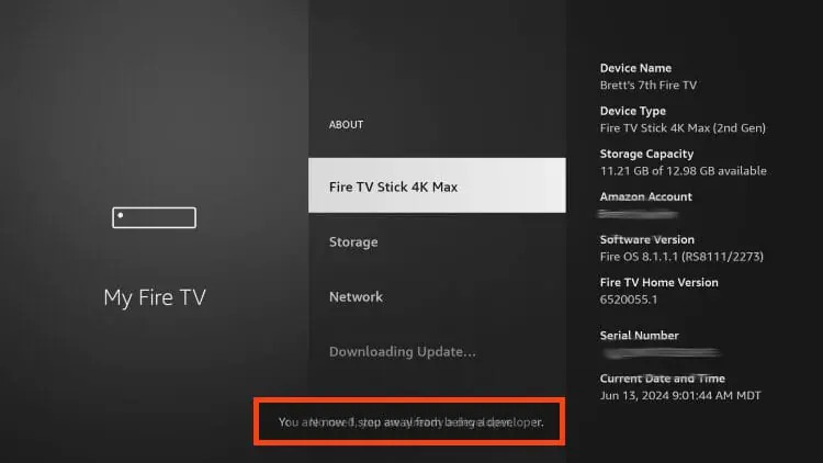 Highlighting Fire TV Stick 4K Max to press OK seven times.